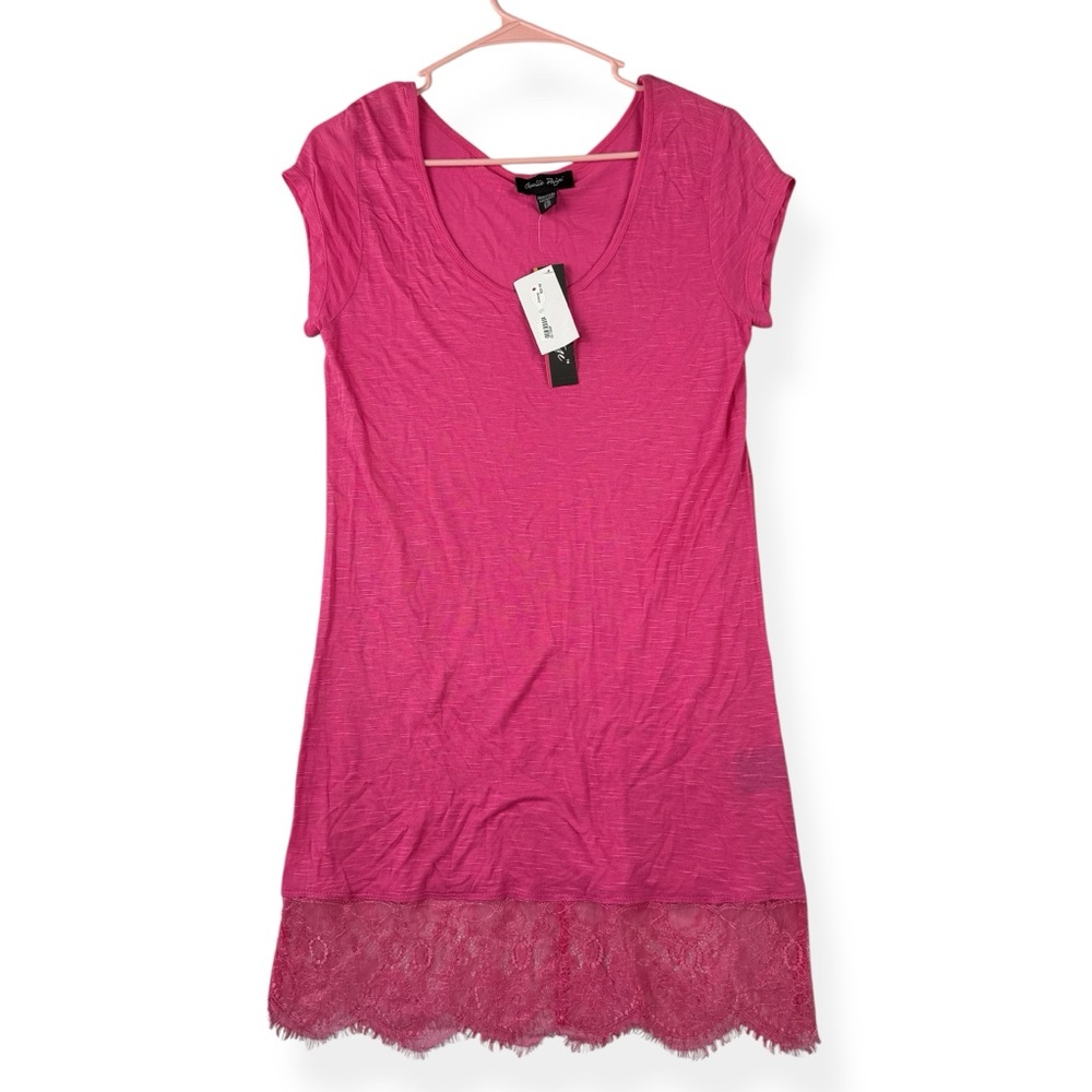 Charlie Paige Lace Hem Tunic Top Womens S/M Small Medium Solid Pink Stretch NWT